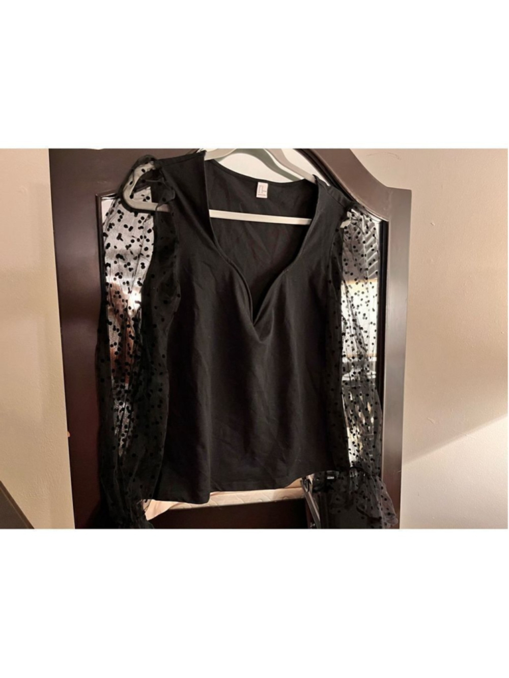 WDIRARA Polka Dots Sheer Dobby Mesh Deep V Neck Top XL